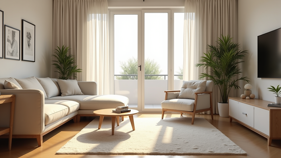 Eye-level view of a clean and organized living room with sunlight