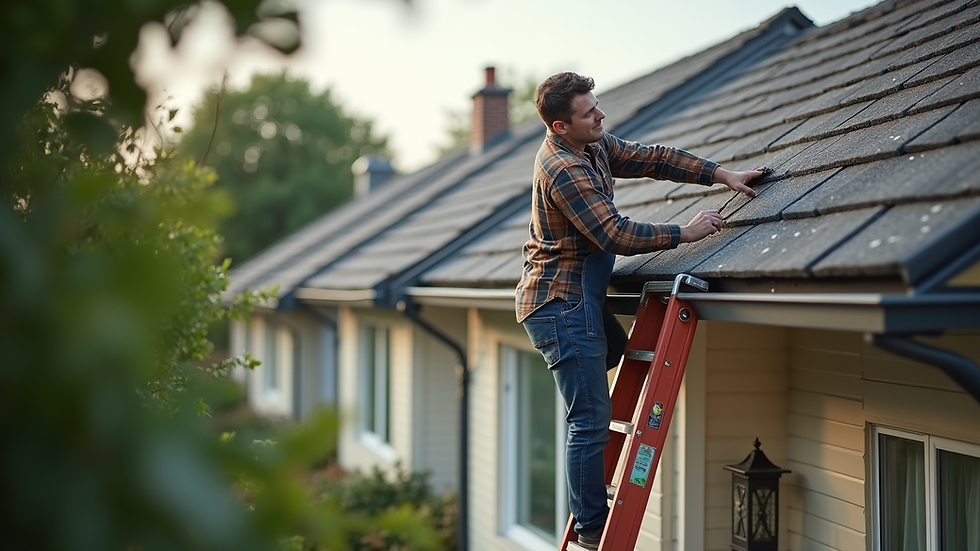 High angle view of a homeowner cleaning gutters with a ladder