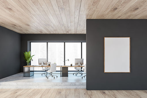 Mockup frame canvas in wooden black office room with minimalist furniture, table and woode