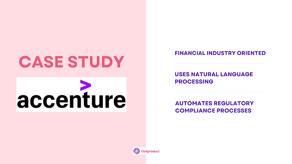 Explanation on how Accenture utilises AI for their financial services. Points mentioned include : Financial industry oriented, Use of Natural Language Processing (NLP), and Automation of regulatory compliance processes.