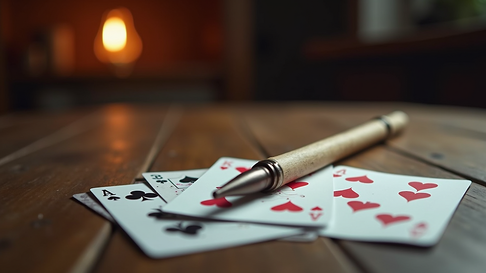 Close-up view of a magic wand and playing cards on a wooden table