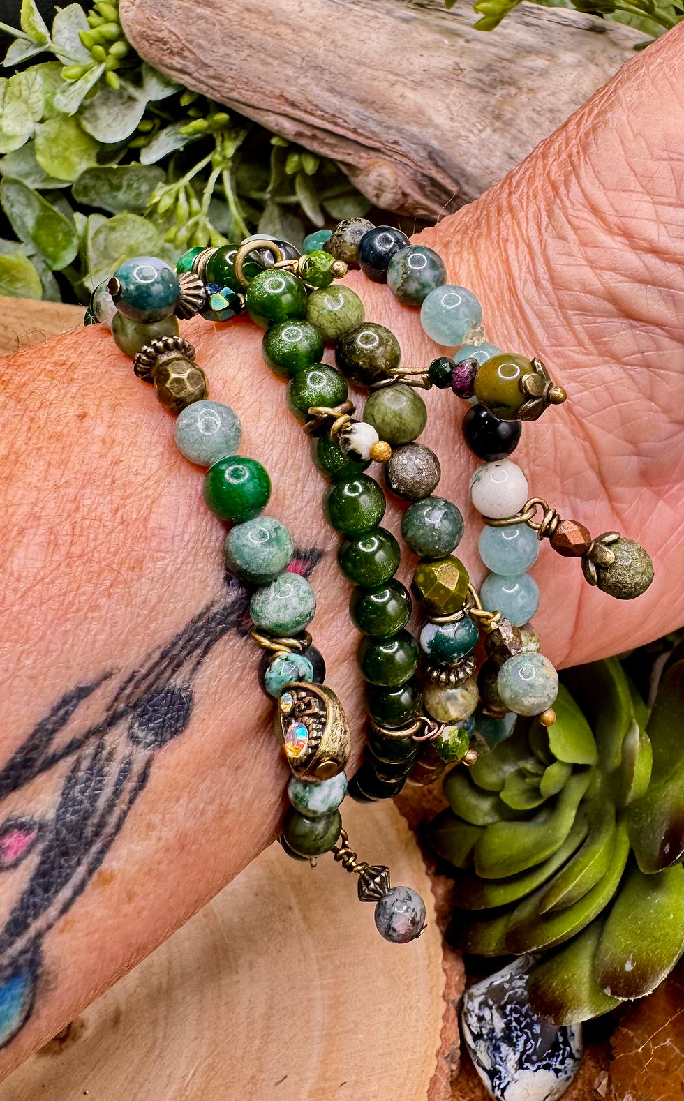 Thumbnail: Multi Green Gemstone Quad Stack Bracelets