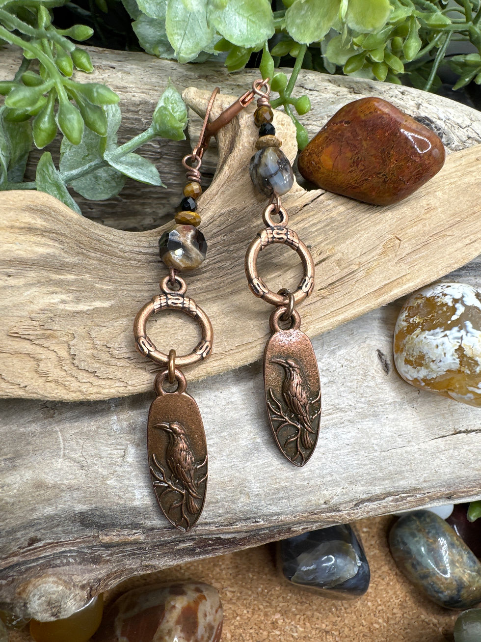 Thumbnail: Copper Crow Petrified Wood Earrings 