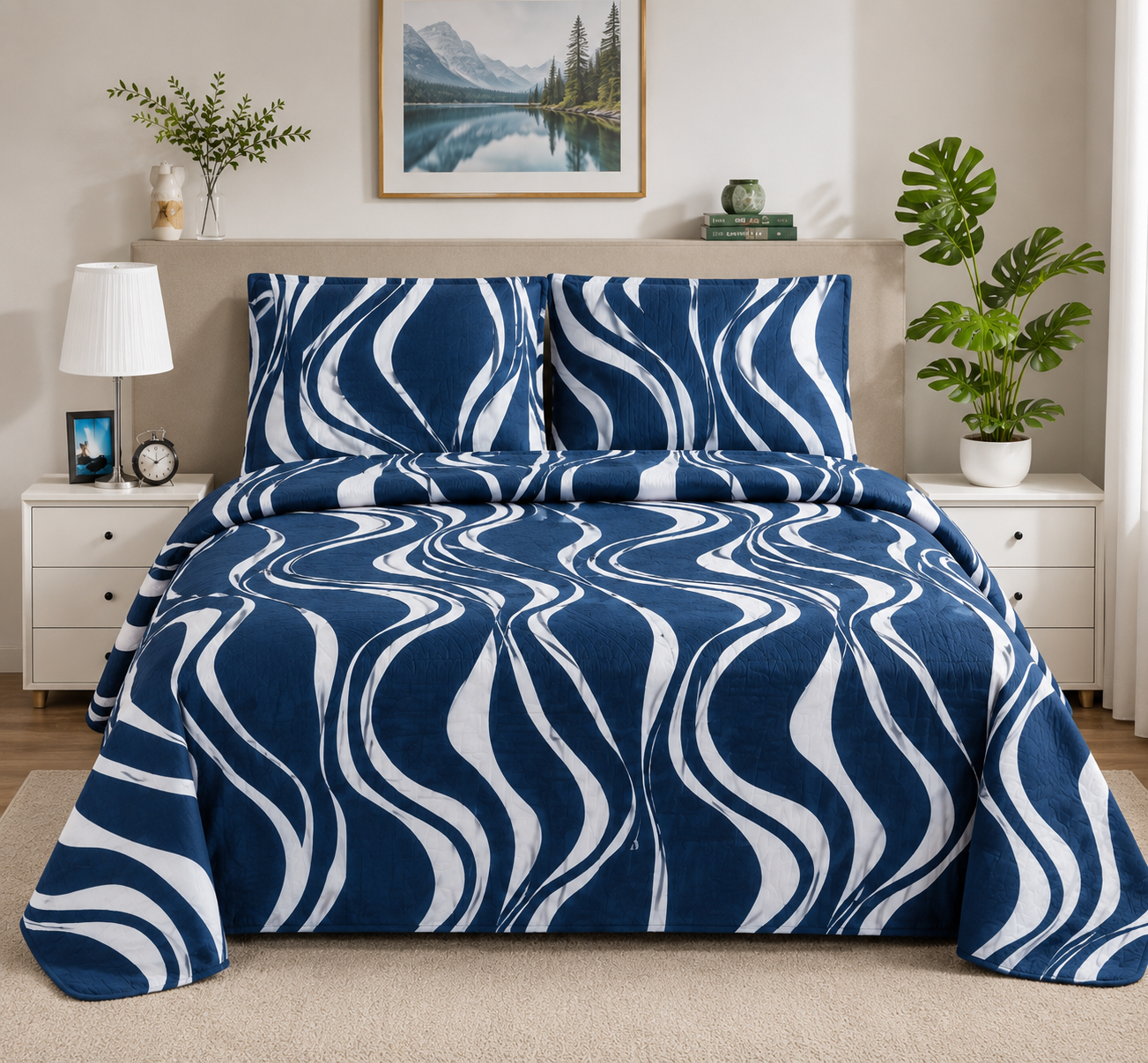 Royal Blue Abstract Flowing  4-Piece Bedsheet Set