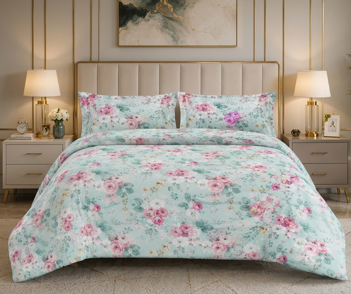 Pastel Mint Floral Blooming Peony Ultra-Soft Microfiber Sheet Set
