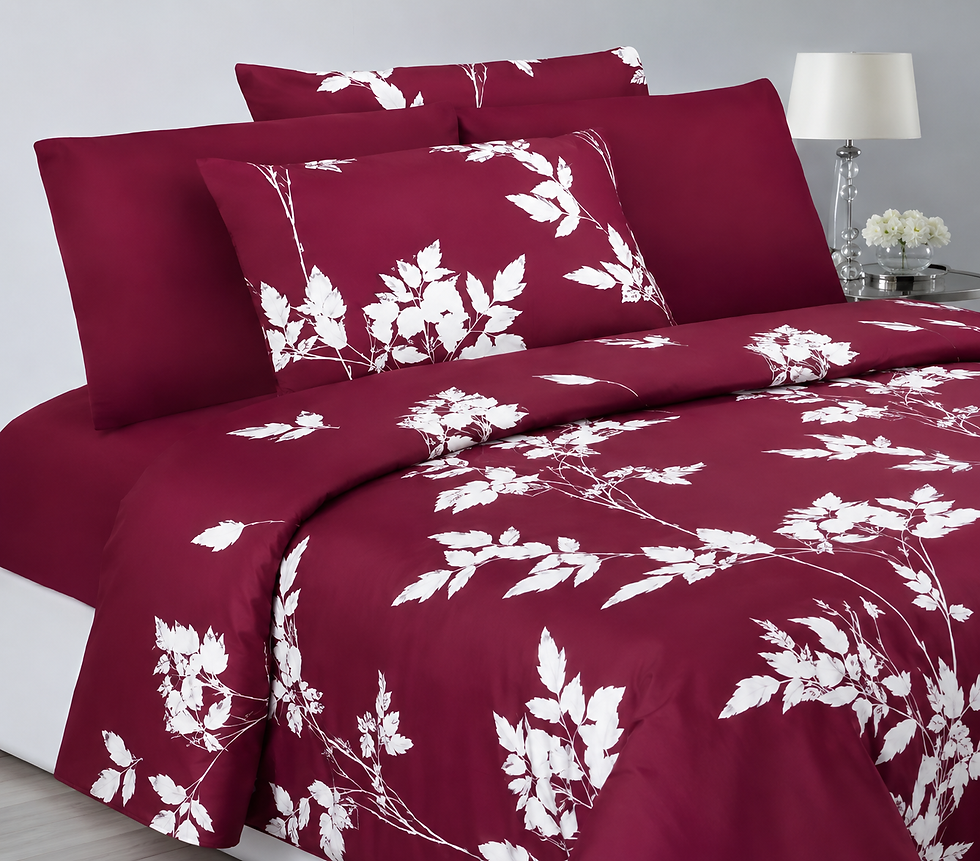 Thumbnail: Wine Red & White Botanical Leaf 6-Piece Bedsheet Set