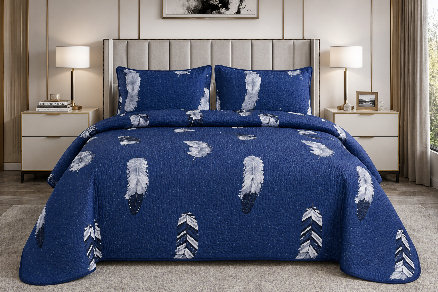 Royal Blue Floating Feather 4-Piece Bedsheet set
