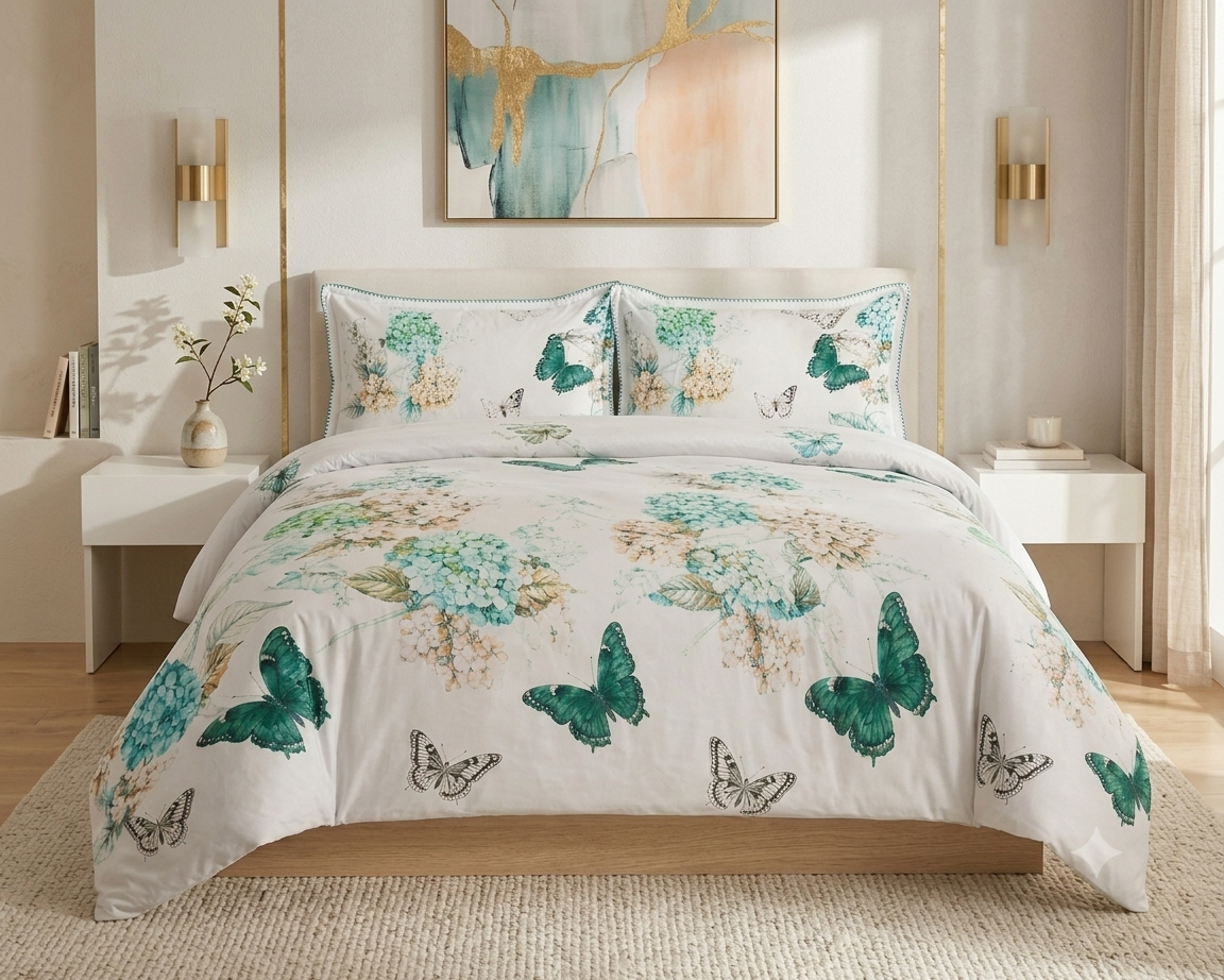 Teal Butterfly Floral Bedding Set