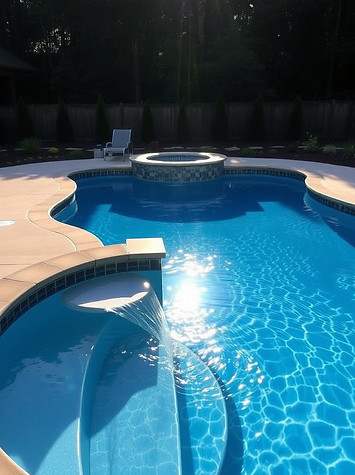 create a stunning vinyl in ground pool in a nc setting with a spa spillover, tanning ledge