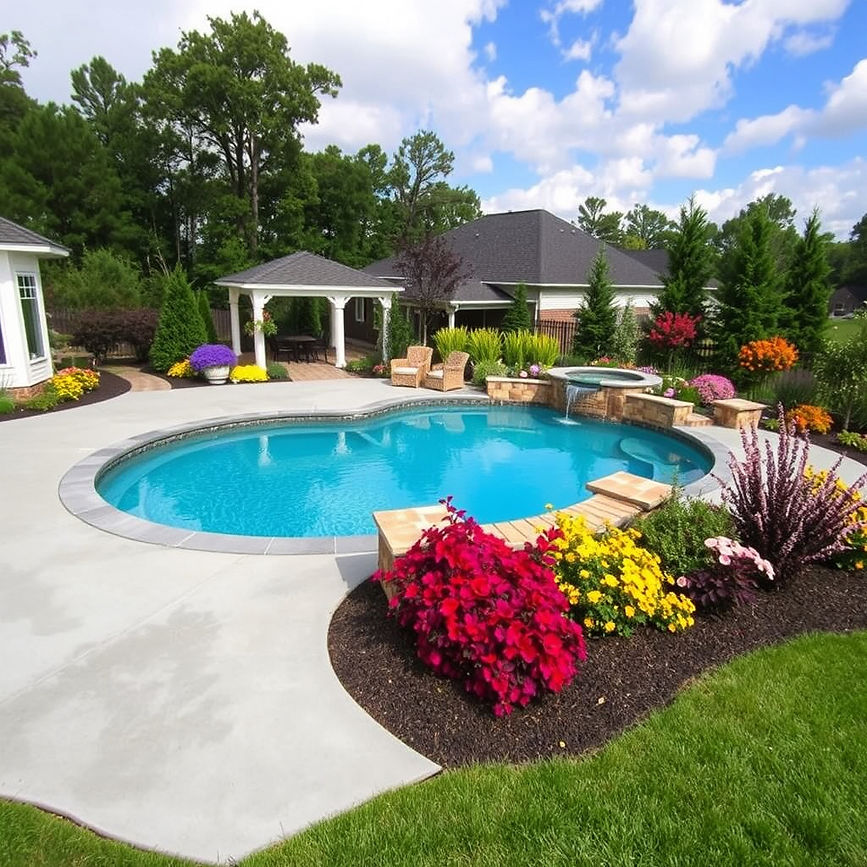 create a stunning picture of vibrant landscaping around a custom fiberglass pool in nc wit