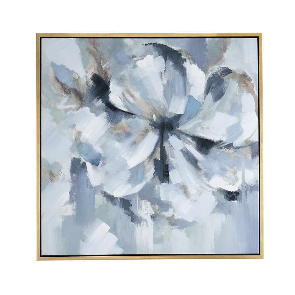 Framed Square Oil Painting with Flower Motif, Gray and Blue