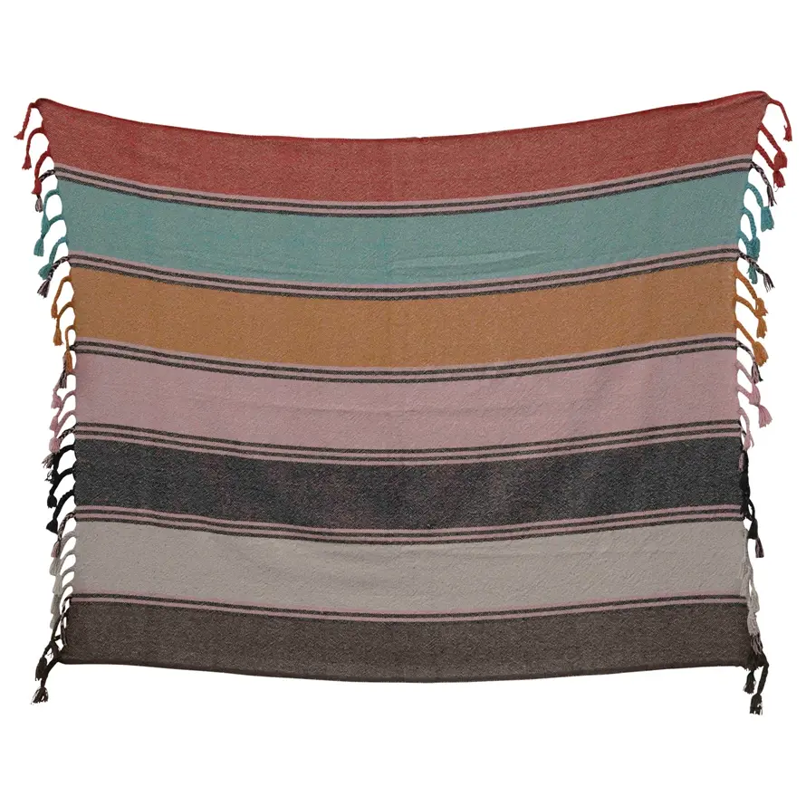 COTTON BLEND STRIPPED THROW WITH BRAIDED FRINGE