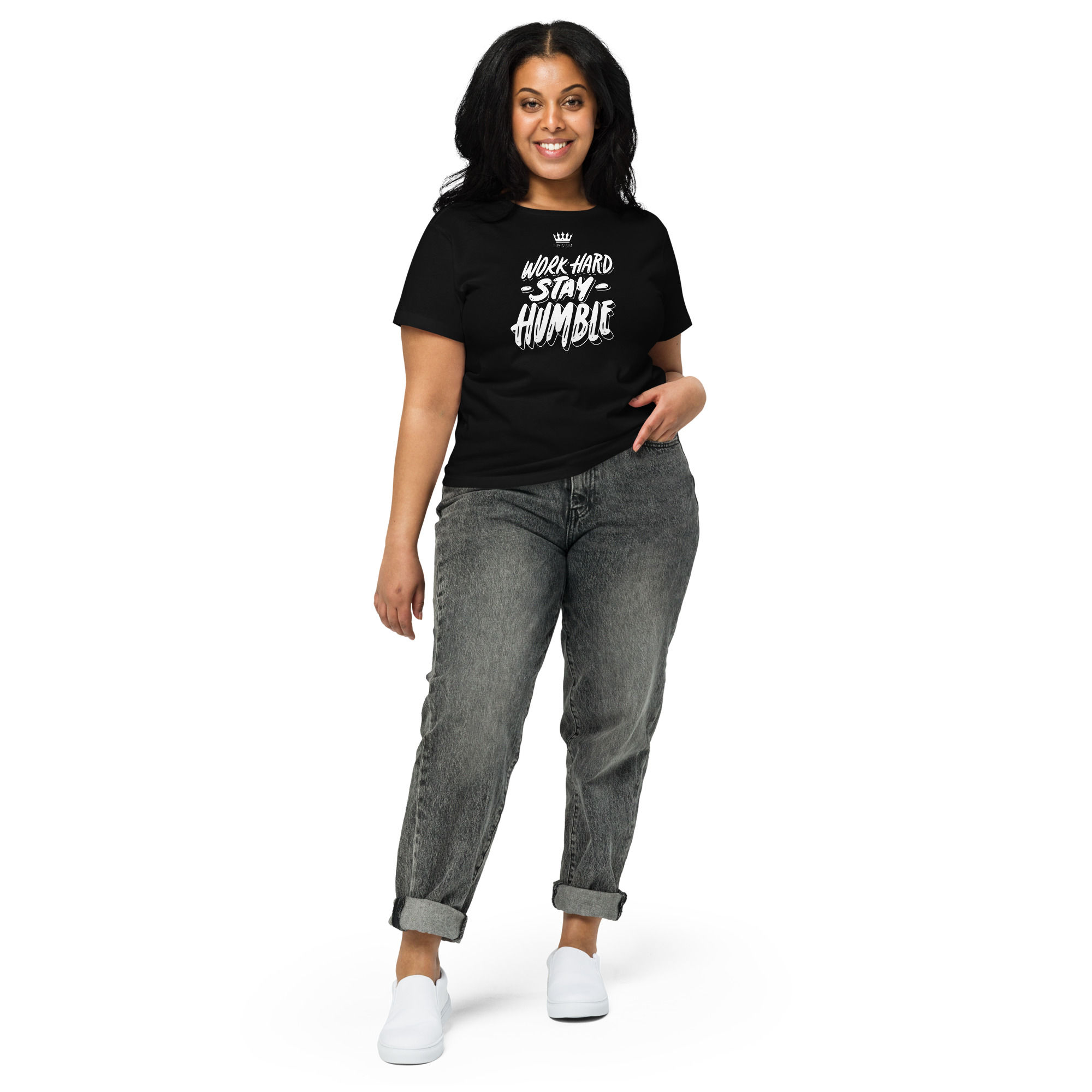 Women’s high-waisted t-shirt - Work Hard Stay Humble