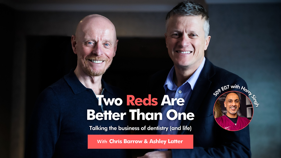 Two smiling men in dark jackets pose for a podcast promo reading Two Reds Are Better Than One, with a small inset of Harry Singh.