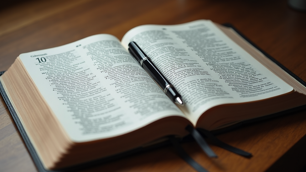 High angle view of an open Bible with a highlighted passage and a pen