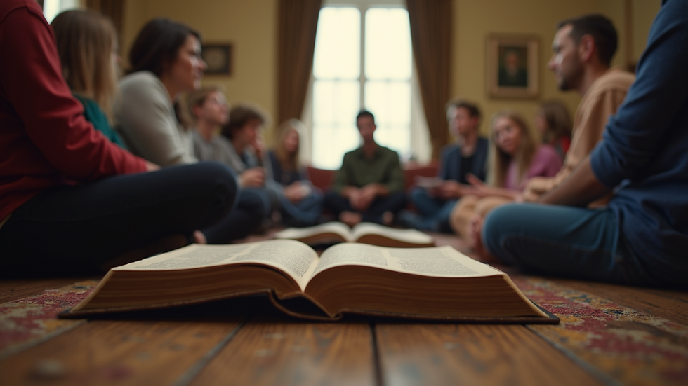 Eye-level view of a group Bible study circle in a cozy room