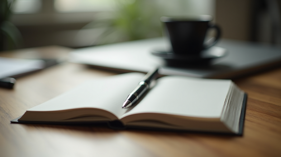 Eye-level view of a journal and pen on a wooden desk