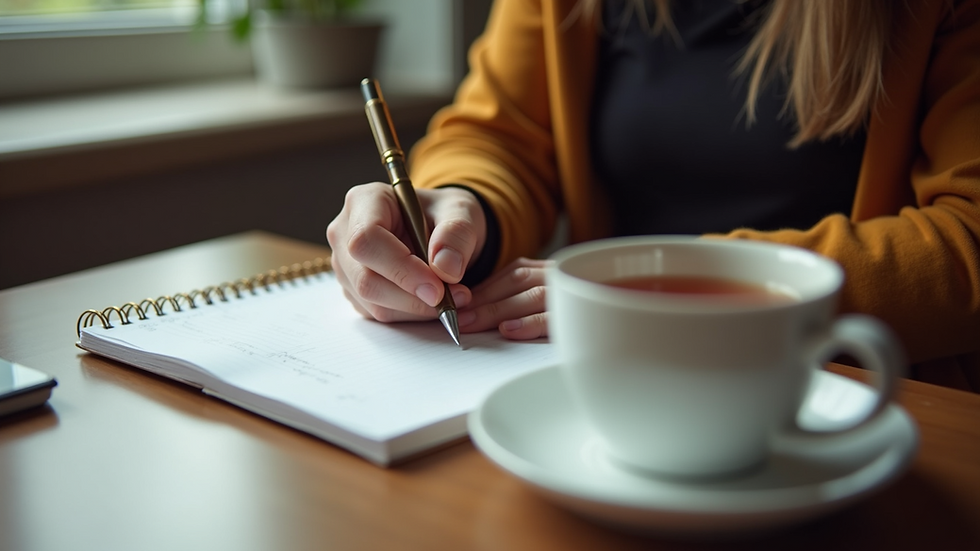 Close-up view of a person writing in a notebook with a cup of tea nearby