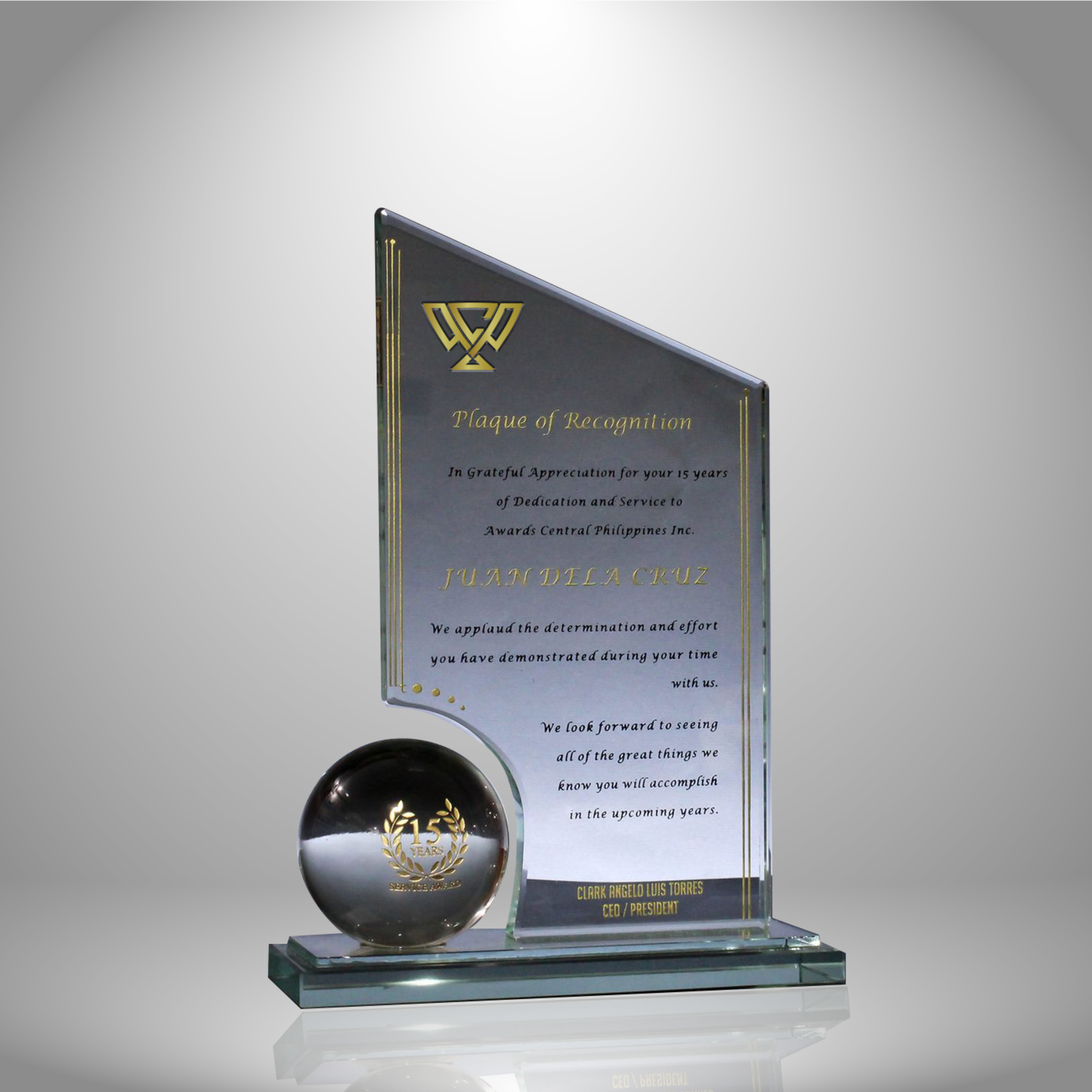customizable sharp edge glass plaque with crystal ball
