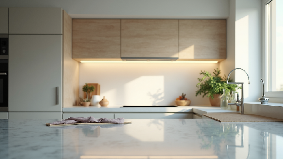 Eye-level view of a modern kitchen with clean lines and bright lighting