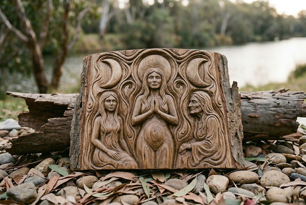 Triple goddess symbol carved in wood showing maiden mother crone with moon phases at sacred ceremony