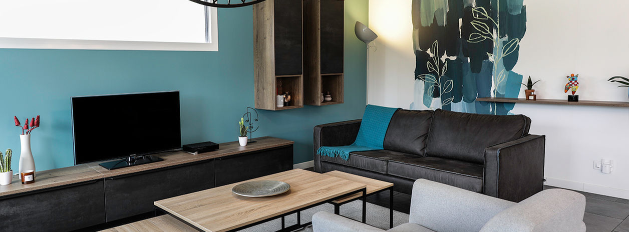 decoration salon sejour salle a manger bleu vert naturel bois architecte rennes sur mesure