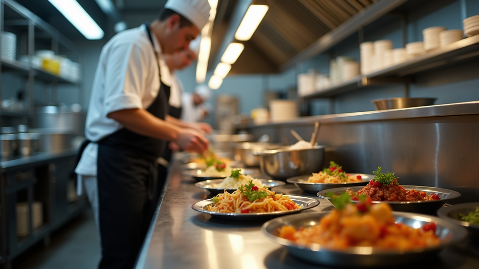 Eye-level view of a busy restaurant kitchen with chefs preparing meals