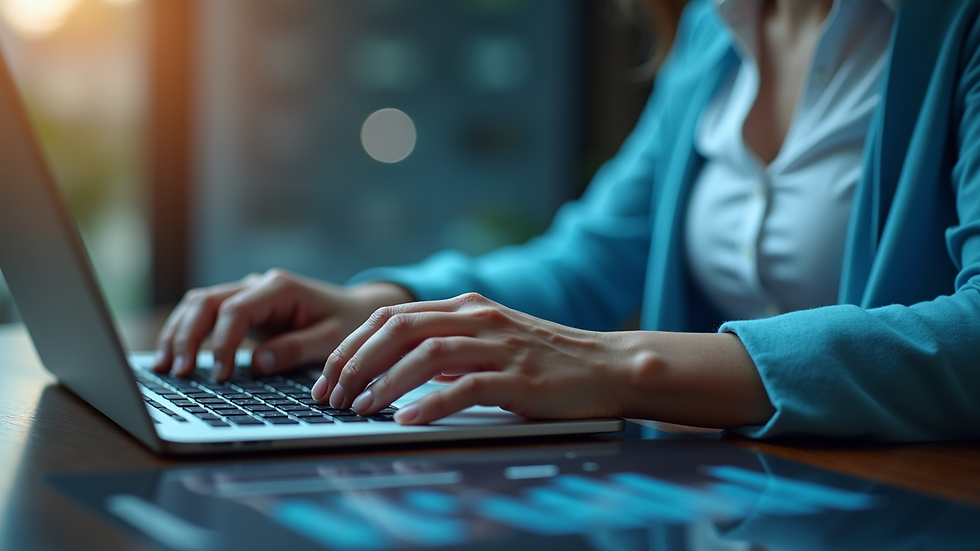 Close-up view of a person working on a laptop with financial charts