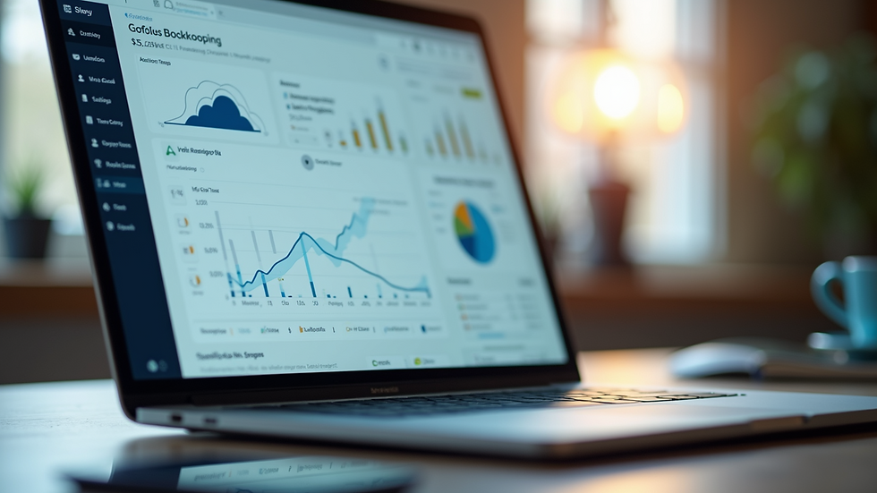 Eye-level view of a laptop screen showing cloud bookkeeping dashboard