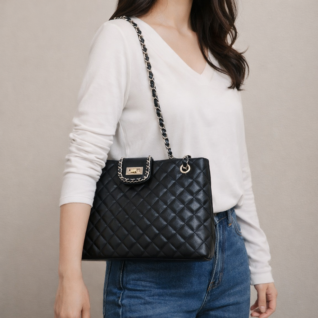 WOMEN'S chains quilted square tote leather shoulder handbags purse