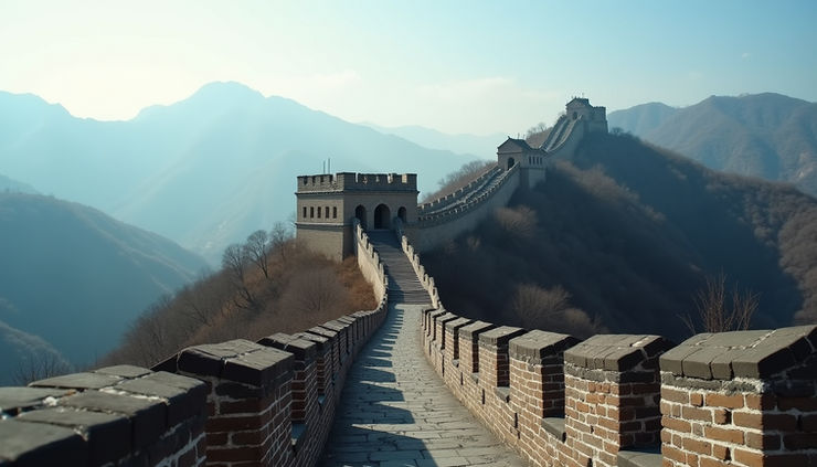 Eye-level view of a long stretch of the Great Wall of China winding over rugged mountains
