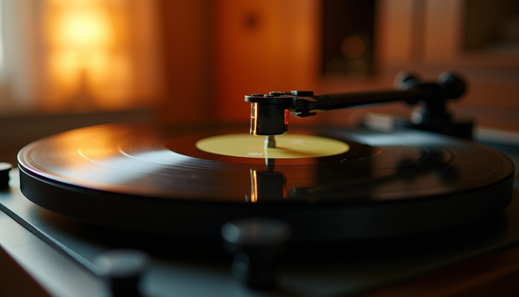Close-up view of a vintage vinyl record player spinning a classic romantic song