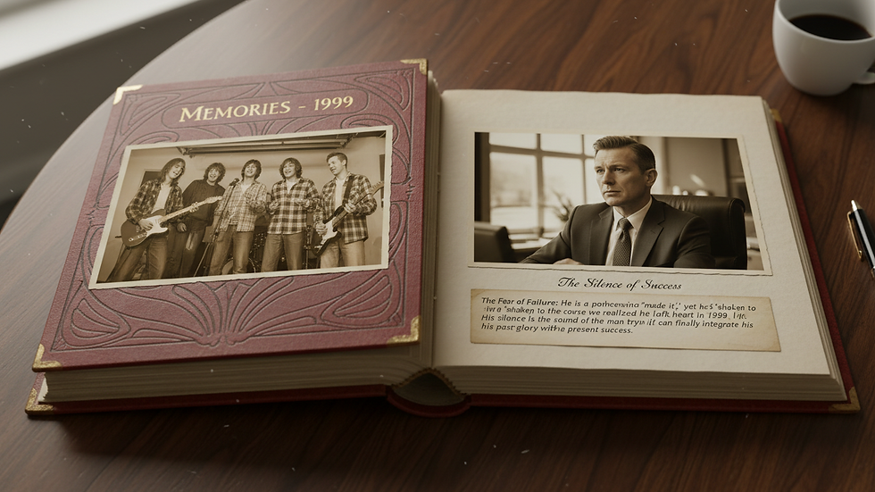 Eye-level view of a vintage photo album opened on a wooden table