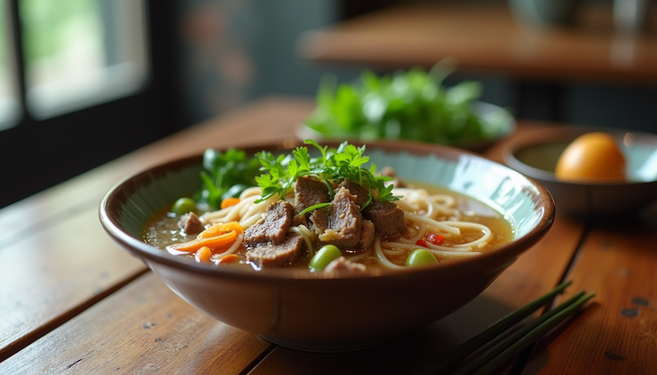 Eye-level view of a steaming bowl of Vietnamese Phở with fresh herbs and sliced beef
