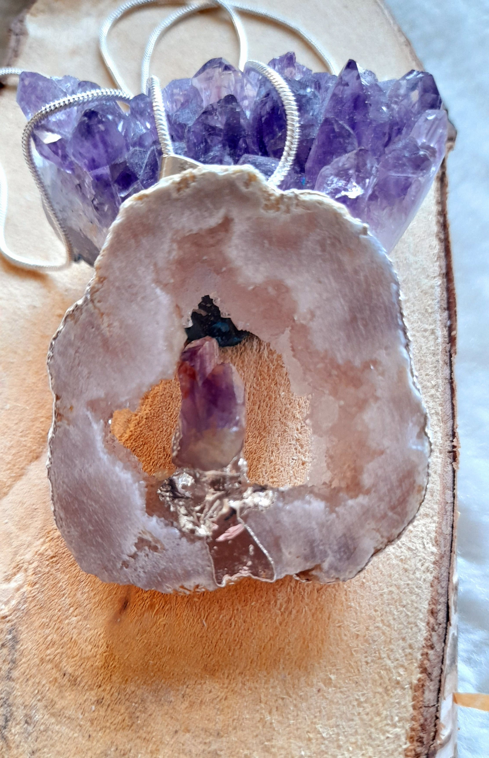 Crystal Quartz Geode Slice/Amethyst Pendant
