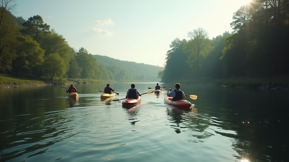 Wide angle view of a group kayaking on a calm river