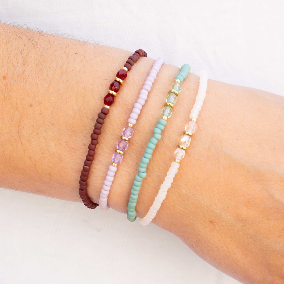 Beaded birthstone bracelets January to April on a wrist