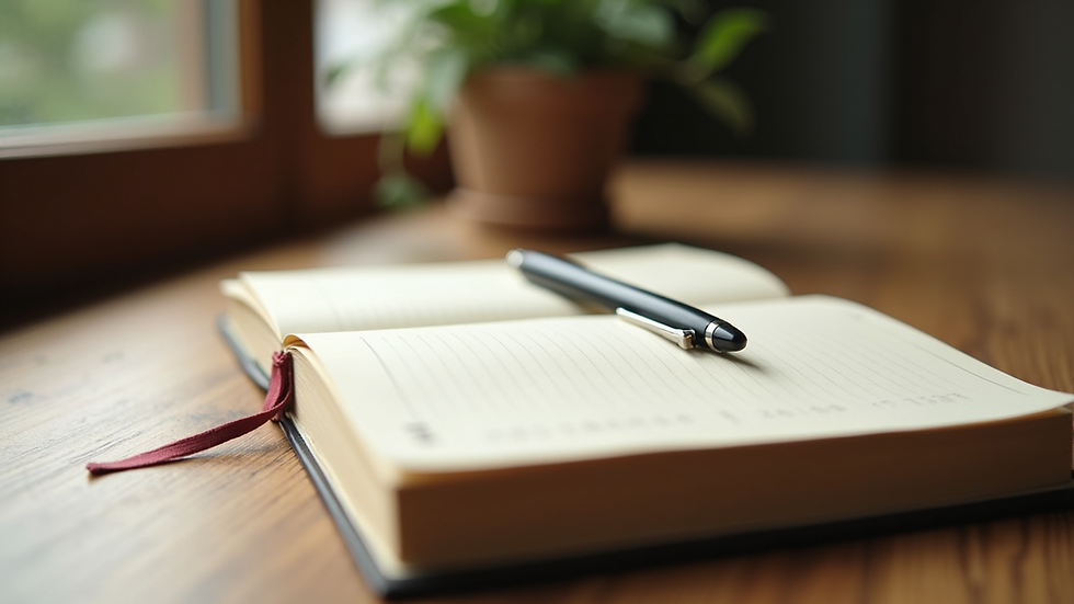 Close-up view of a journal and pen on a wooden table with soft natural light