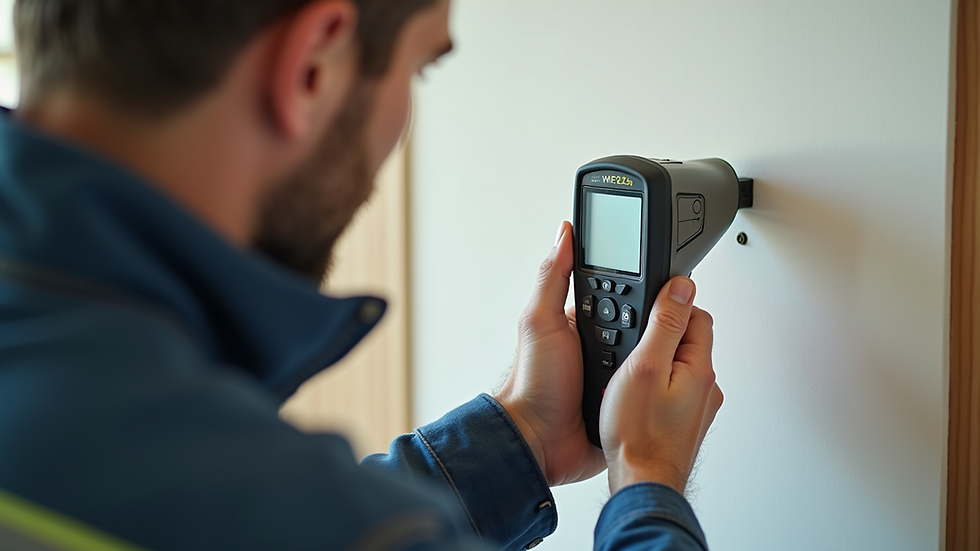 Close-up view of a surveyor using a moisture meter on an interior wall