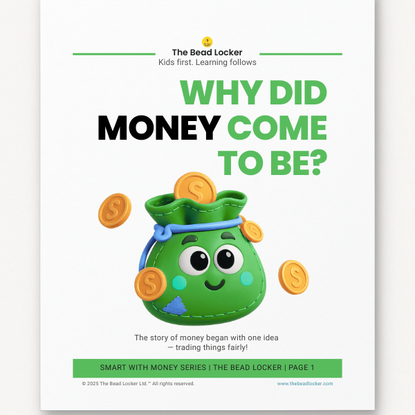 Bright educational cover showing a green money pouch and golden coins titled Why Did Money Come to Be Printable.