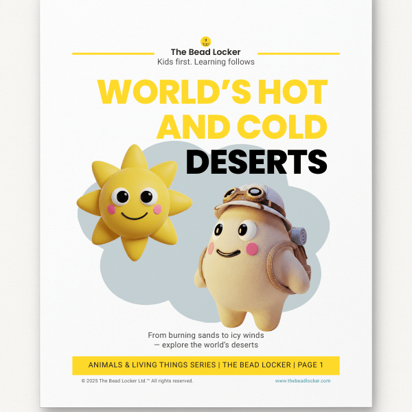Colorful educational cover showing desert characters and the title World’s Hot and Cold Deserts Printable Worksheet.