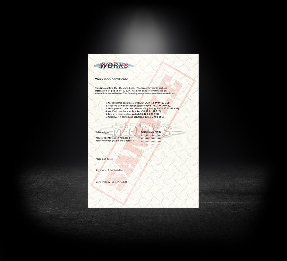 R50 JCW WORKSHOP CERTIFICATE ULTRA RARE AERO KIT