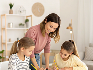 Mother helping two girls with homework at a table.