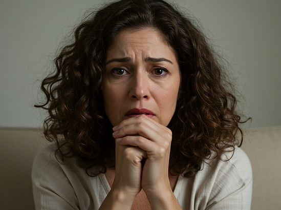 Middle-aged woman with worried expression, hands clasped in prayerful posture.