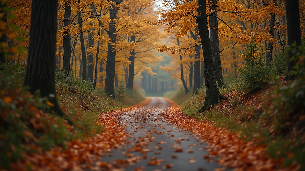 Eye-level view of a winding path through a forest in autumn