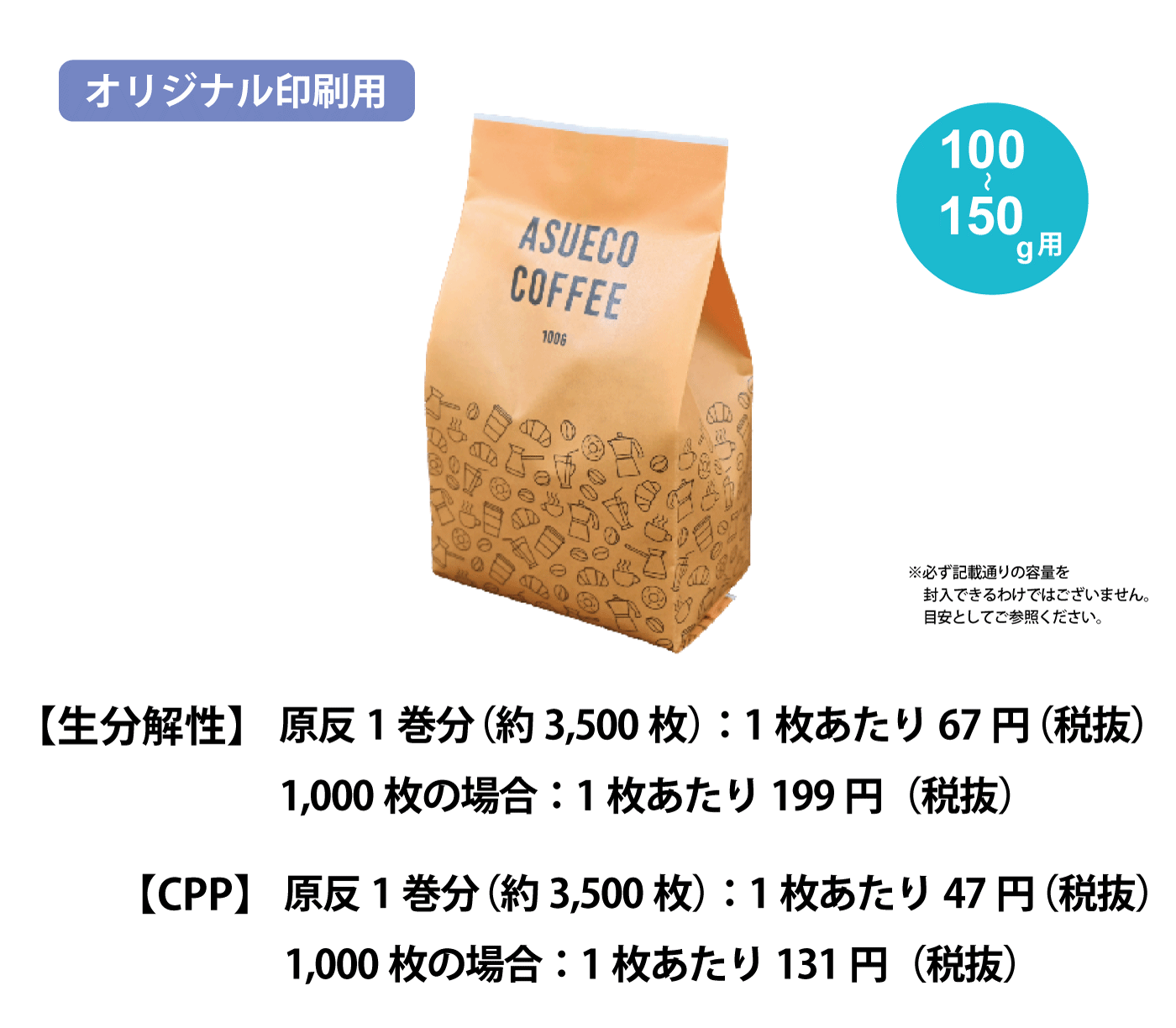 asuecoパッケージ100～150g用（オリジナル印刷有り）のイメージ写真と価格の説明です。