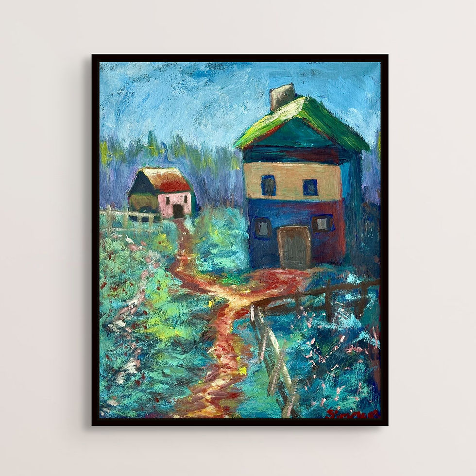 A painting of two houses