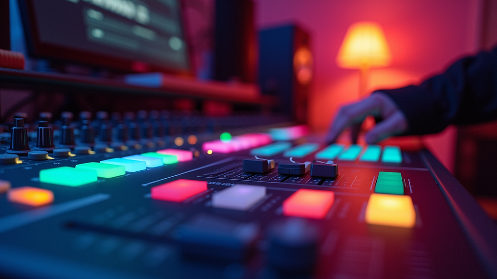 Close-up view of mixing console with colorful LED lights in a music studio