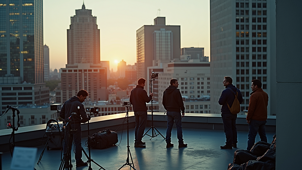 High angle view of a film crew setting up lighting equipment on an Atlanta rooftop