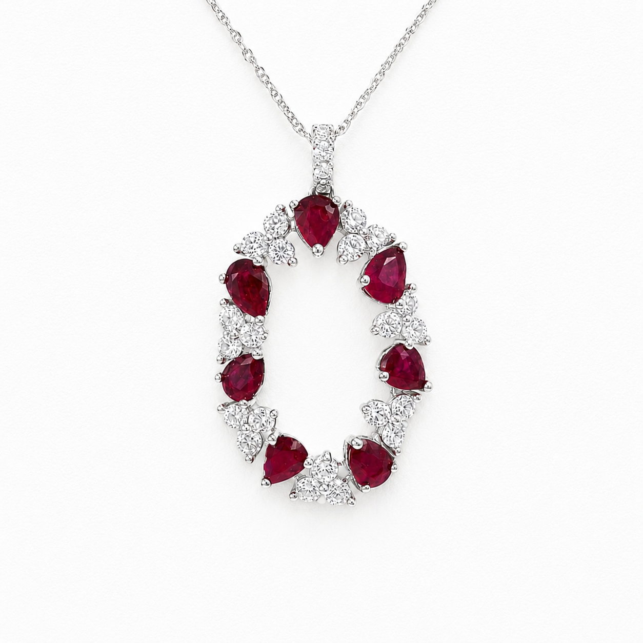 14 Carat White Gold Ruby & Diamond Multi-Stone Oval Halo-Style Pendant Necklace